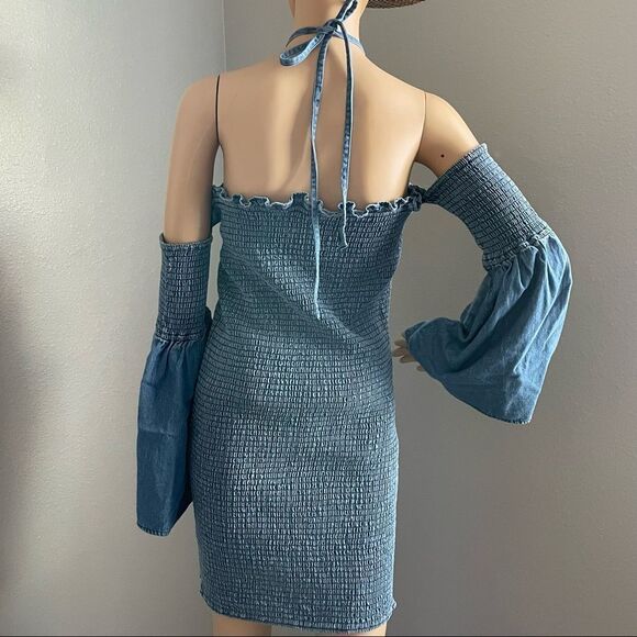 ASOS Denim Bandage Mini Dress with Halter Strap and Attached Bell Sleeve Size 8 - Picture 9 of 15
